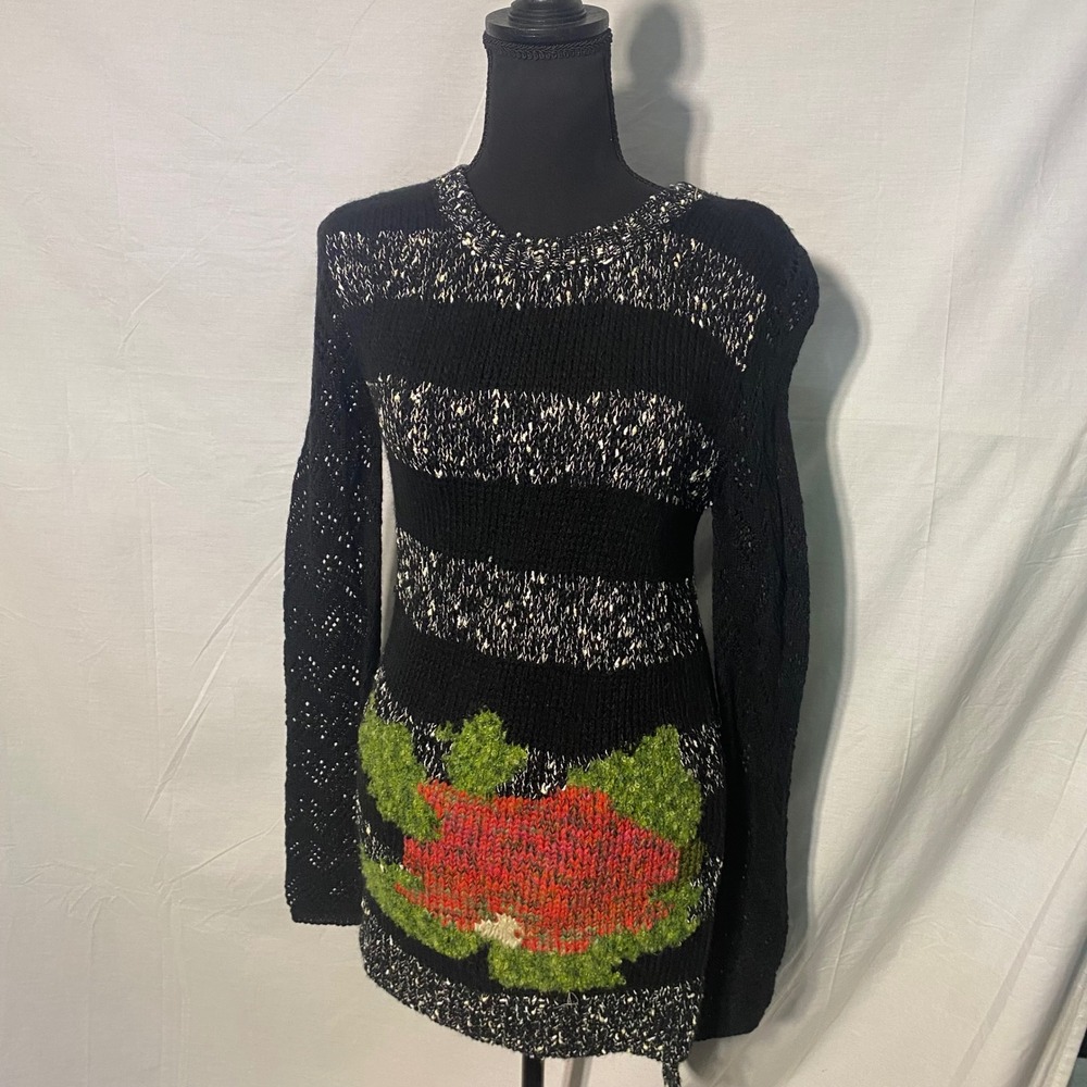 Aratta Womens Black Floral Knit Sweater Long Sleeve Crew Neck Tunic Dress Size M